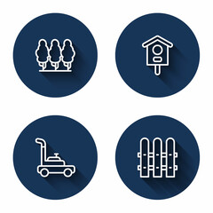 Set line Fruit trees, Bird house, Lawn mower and Garden fence wooden with long shadow. Blue circle button. Vector
