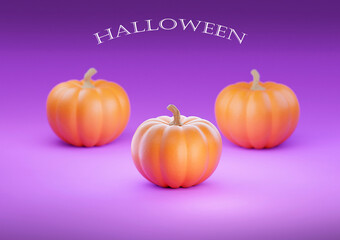 three halloween pumpkins with the inscription halloween on purple background.3d rendring