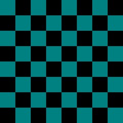Checkerboard 8 by 8. Black and Teal colors of checkerboard. Chessboard, checkerboard texture. Squares pattern. Background.