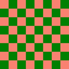 Checkerboard 8 by 8. Green and Salmon colors of checkerboard. Chessboard, checkerboard texture. Squares pattern. Background.