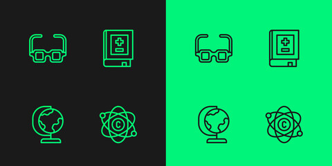 Set line Atom, Earth globe, Glasses and Book with mathematics icon. Vector