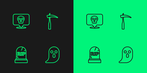 Set line Ghost, Tombstone with RIP written, Skull and Scythe icon. Vector