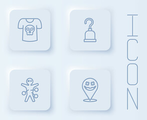 Set line Shirt with skull, Pirate hook, Voodoo doll and Happy Halloween holiday. White square button. Vector