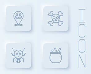 Set line Happy Halloween holiday, Skull on crossbones, Spider and witch cauldron. White square button. Vector