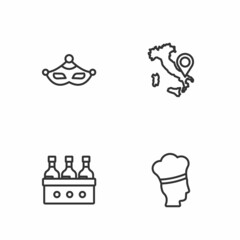 Set line Italian cook, Bottles of wine, Carnival mask and Map Italy icon. Vector