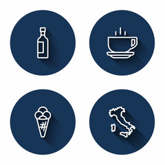 Set line Bottle of wine, Coffee cup, Ice cream waffle and Map Italy with long shadow. Blue circle button. Vector