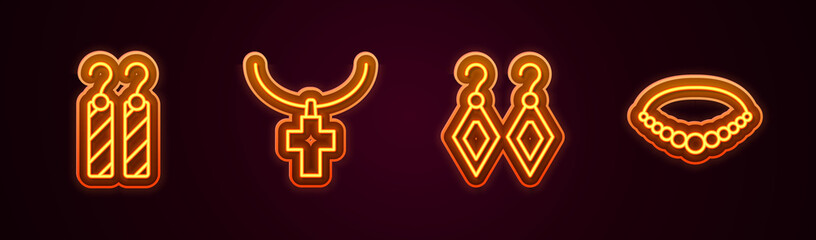 Set line Earrings, Christian cross on chain, and Pearl necklace. Glowing neon icon. Vector