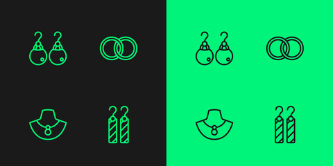 Set line Earrings, Necklace on mannequin, and Wedding icon. Vector