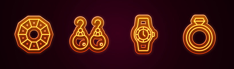 Set line Diamond, Earrings, Wrist watch and engagement. Glowing neon icon. Vector