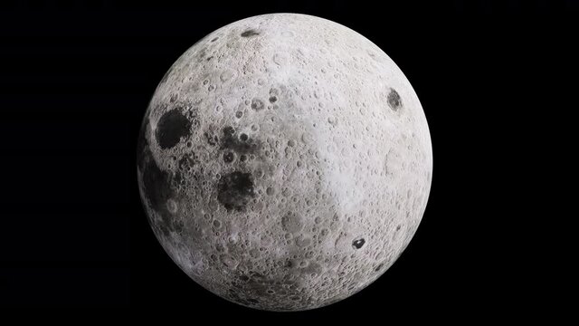 Realistic 3d animaton of Moon slowly spinning. Elements of this media furnished by NASA. Seamless Looping isolated 4K video, Luma Matte attached.