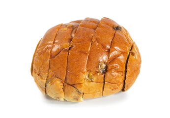 Bread with raisin isolated on white background.