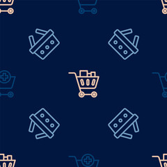 Set line Add to Shopping cart, basket and and food on seamless pattern. Vector