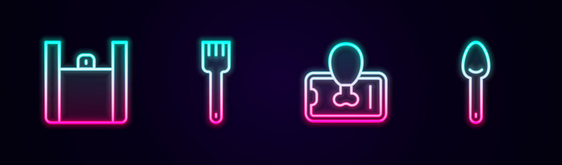 Set line Online ordering food, Fork, Food on mobile and Spoon. Glowing neon icon. Vector