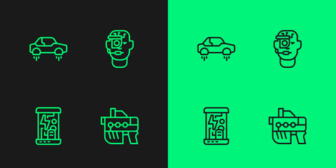 Set line Futuristic weapon, Cryogenic capsules, Fantastic flying car and Smart glasses spectacles icon. Vector