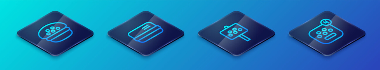 Set Isometric line Road sign for a taxi stand, Taxi driver cap, mobile app and Credit card icon. Vector