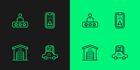 Set line Taxi mobile app, Garage for taxi car, service rating and Infographic of city map icon. Vector