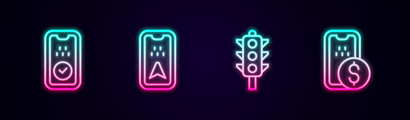Set line Taxi mobile app, Infographic of city map, Traffic light and Mobile banking. Glowing neon icon. Vector