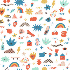 Funny and joyful contemporary pattern with animals, trippy characters and raw shape objects. Vector illustration