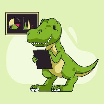 Dinosaur mascot logo design illustration. Tyrannosaur T-Rex doing presentation with chart and graph