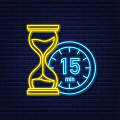 The 15 minutes, stopwatch vector neon icon. Stopwatch icon in flat style, timer on on color background. Vector illustration - obrazy, fototapety, plakaty