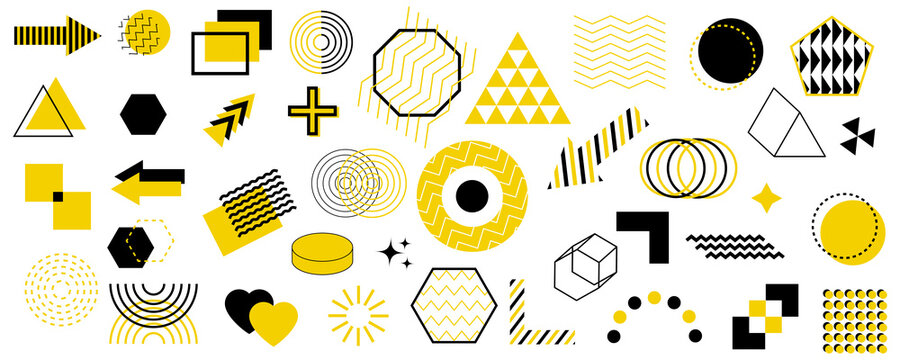Geometric shapes set. Memphis design. Black and yellow elements. Abstract figures. Vector illustration. Stock image. 