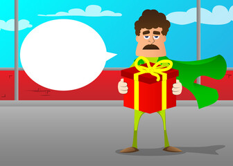 Funny cartoon man dressed as a superhero holding big gift box. Vector illustration.