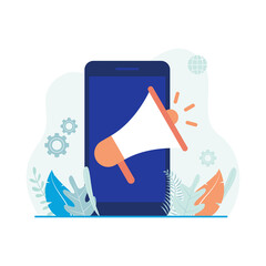 Digital marketing, mobile marketing illustration concept. Smartphone and megaphone icon. Flat vector suitable for many purposes.