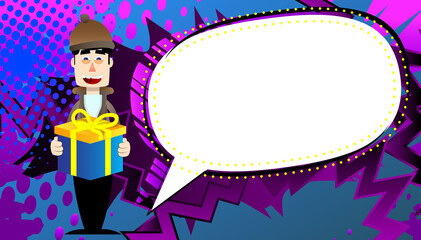 Funny cartoon man dressed for winter holding big gift box. Vector illustration.