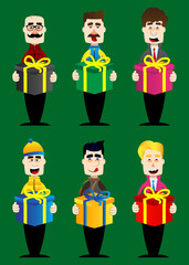 Funny cartoon man dressed for winter holding big gift box. Vector illustration.