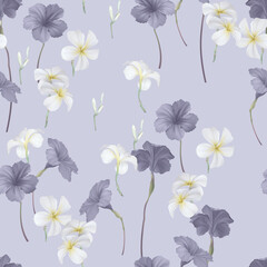 Floral seamless pattern, ruellia tuberosa and plumeria on purple