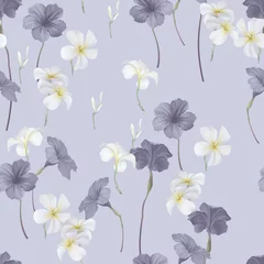 Muurstickers Floral seamless pattern, ruellia tuberosa and plumeria on purple © momosama