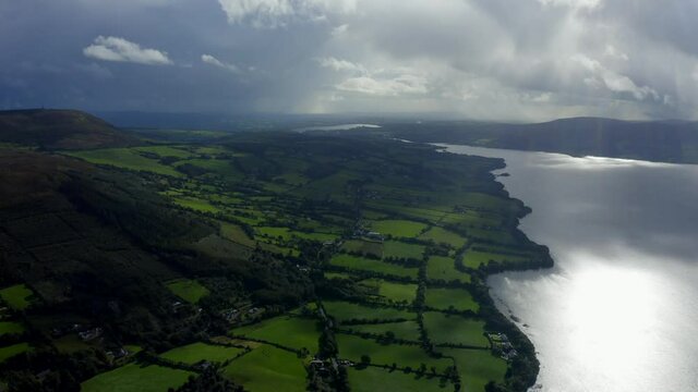 Lough Derg, County Tipperary, Ireland, September 2021. Drone gradually ascends while parallel with Carrowgar Bay while pushing south towards Ballina and Killaloe.