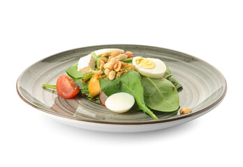 Plate with delicious salad with peanuts on white background