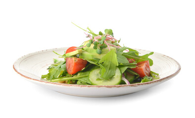 Plate with healthy salad and avocado on white background