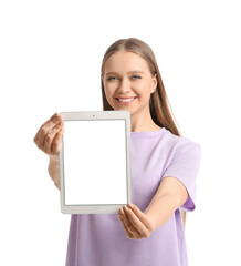 Beautiful young woman holding tablet computer with blank screen on white background