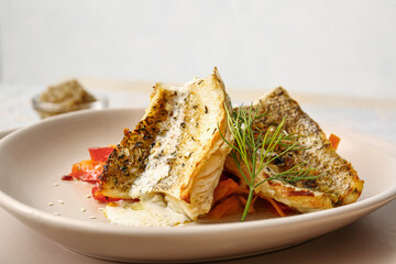 Plate with baked cod fillet, vegetables and sauce on light background, closeup
