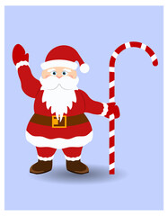 Santa Claus holds a cane and waves his hand