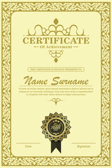 Certificate of achievement template in vector with applied Thai line in yellow gold tone