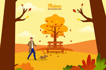 autumn landscape illustration with man walking with his dog in trendy flat simple style vector