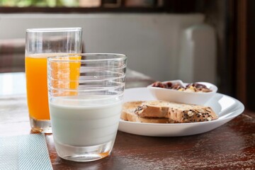 Western breakfast set, fresh milk, freshly squeezed orange juice and cornflakes