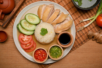 Hainanese chicken rice or steamed chicken with seasoned rice