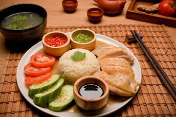 Hainanese chicken rice is served with chicken soup or broth and chopsticks