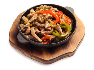 Frying pan with delicious traditional Mexican beef Fajita on white background