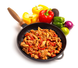 Frying pan with tasty traditional Mexican Fajita on white background