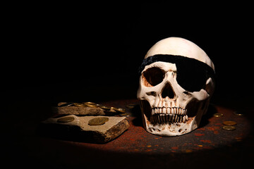 Pirate skull with golden coins on dark background