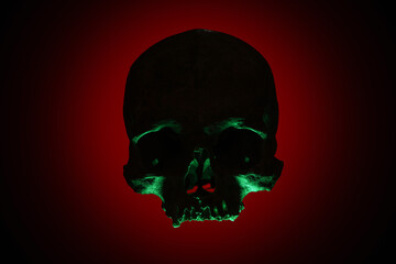 Silhouette of human skull on dark color background