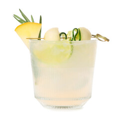 Glass of melon cocktail on white background