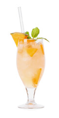 Glass of melon cocktail on white background