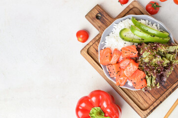 Tasty poke bowl on light background