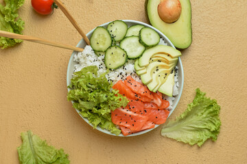 Tasty poke bowl on color background